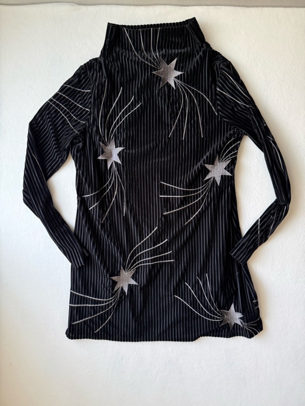 Judith March Black Velvet Long-Sleeve Top with Silver Starburst Embroidery